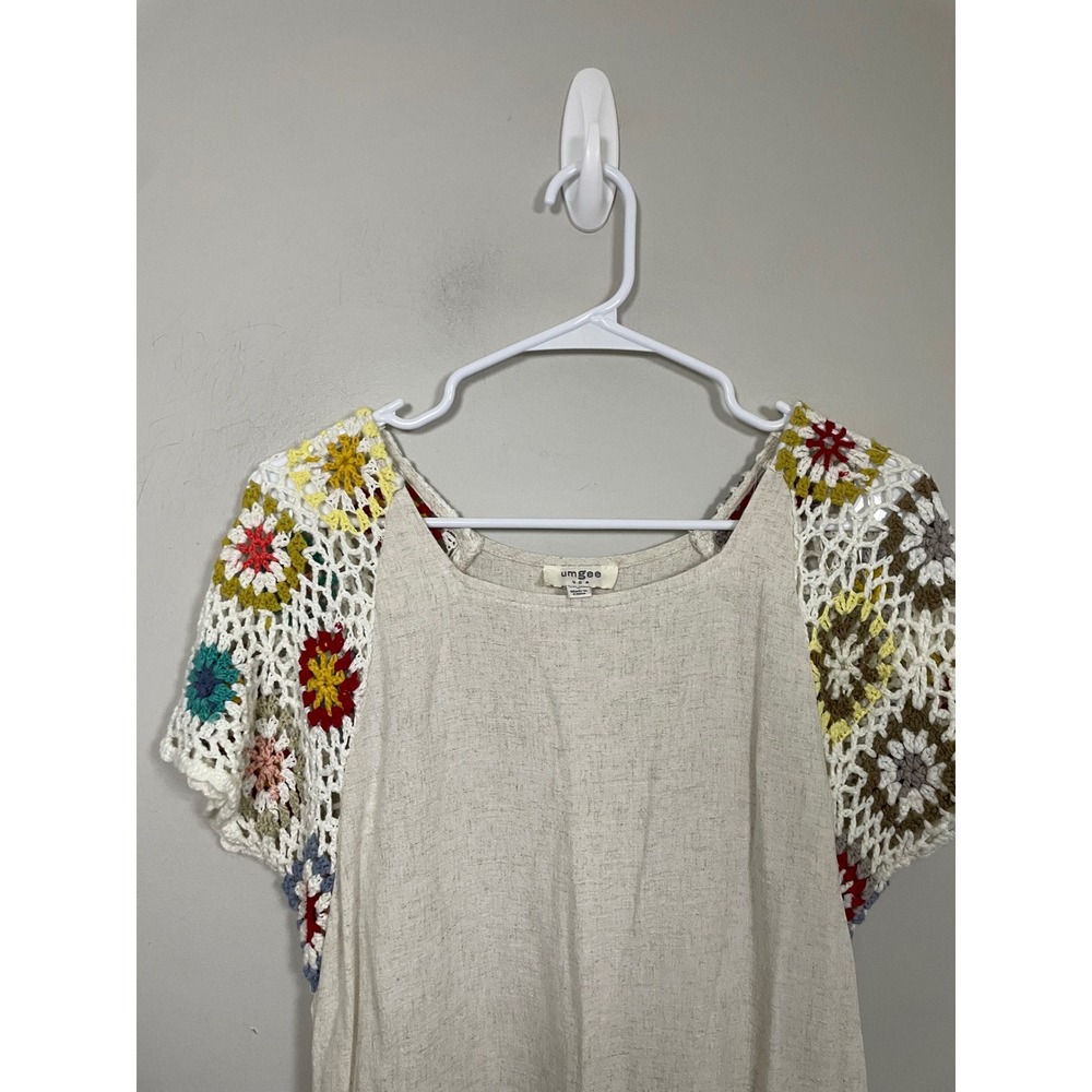 Umgee Crochcet Sleeve Linen Cotton Mini Dress Size Small Bohemian Beach Casual - Picture 3 of 10